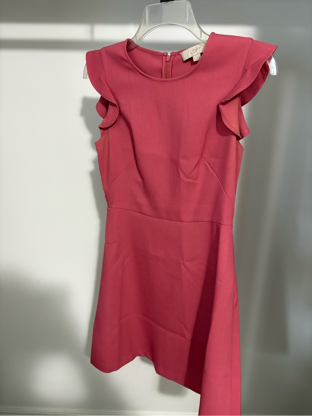 LOFT Coral Pink Asymmetrical Ruffle-Sleeve Dress